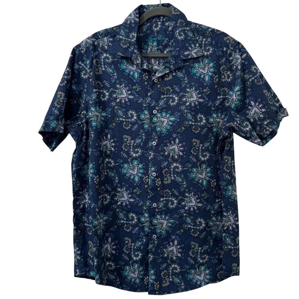 Tasso Elba Mens Short Sleeve Button Down Shirt L Blue Floral Vacation Maximalist